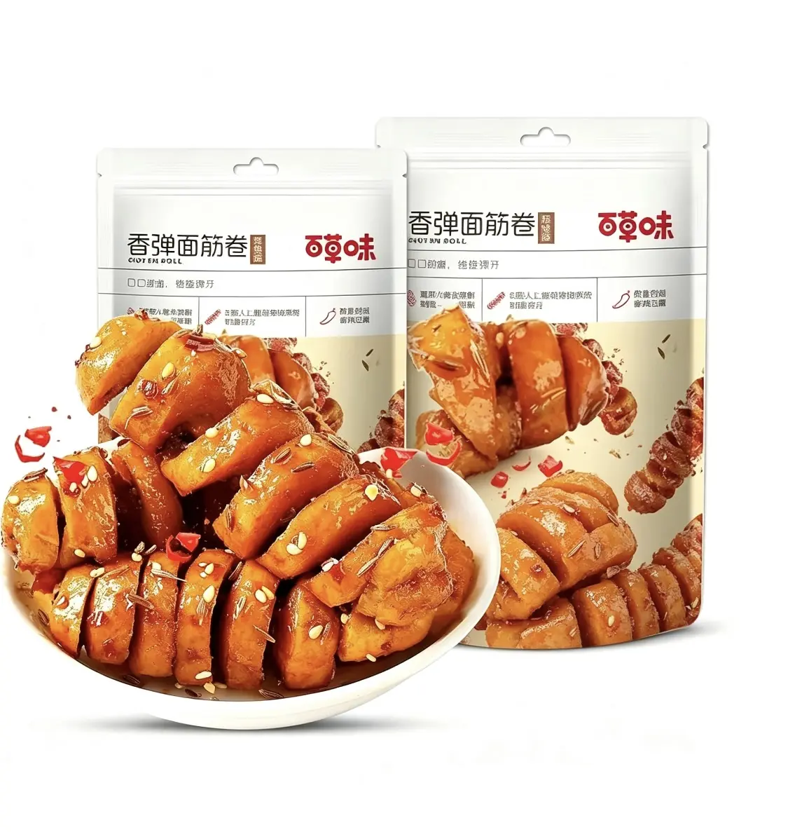 2-Packs Spicy Barbecue Wheat Gluten Rolls, Chewy Savory Plant-Based Snack, Marinated Seasoned Wheat Protein Treat, Portable Individually Wrapped Office Snack, Product of China