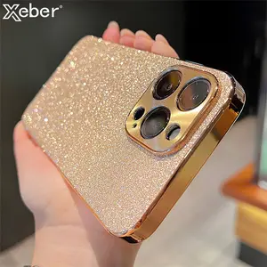 Luxury Plating Bling Glitter Rhinestones Gem Diamond Phone Case For iPhone 16 15 13 12 11 14 Pro Max Camera Protection Cover Protector Screen Protector Protective Shockproof Cellphone Smartphone Casing Gold