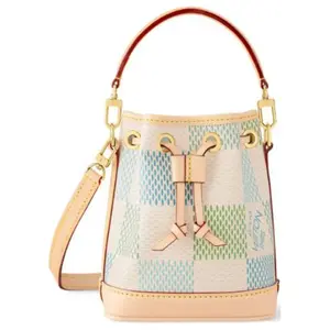 Louis Vuitton Nano Noé Bucket Bag for Women – Canvas and Leather, Adjustable Detachable Strap, Drawstring Closure, Beige Blue Green