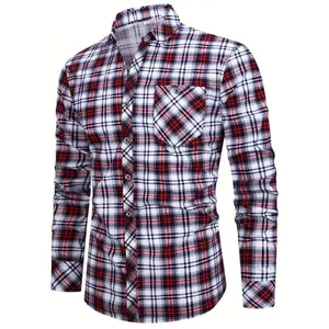 Men’s Classic Plaid Long-Sleeve Shirt with Chest Pockets – Casual Polyester Button-Up for Spring, Autumn, and Casual Wear