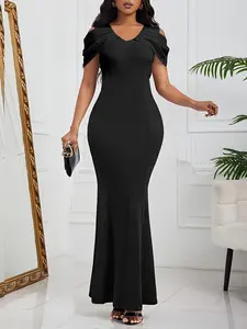 Women's Elegant Mermaid Knit Dress, Slim-Fit Round Neck Off-Shoulder Long Gown, Perfect for Weddings & Parties, All Seasons Wear
