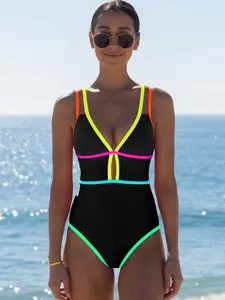 Popvil Tummy Control Leopard Print Cut Out Strap One Pieces, High Waisted Neon Color Swimsuit for Women