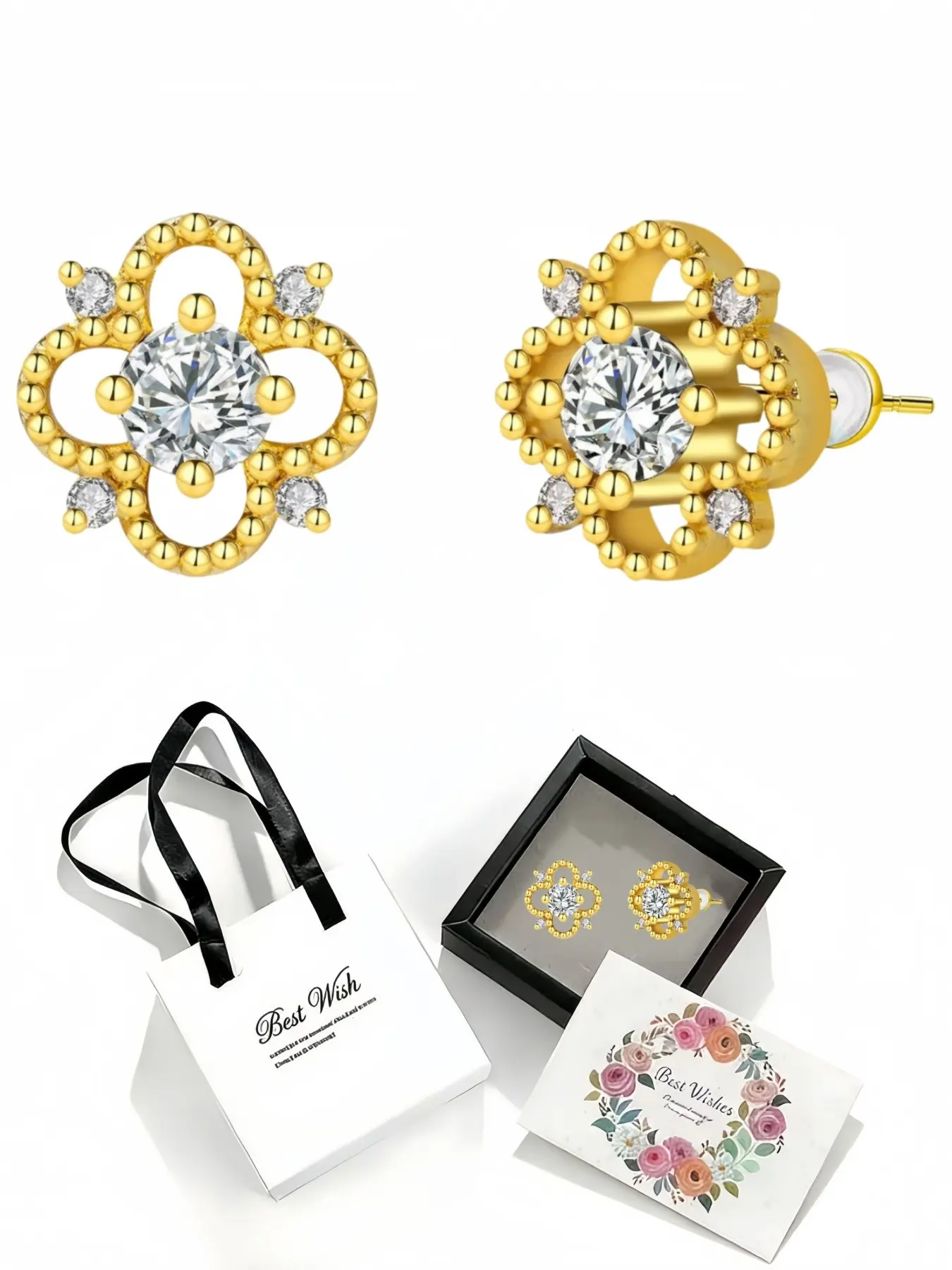 Paved Diamond Floral & Gold Studs Four-leaf clover earrings with 925 sterling silver pins, Shining earrings, sparkling stud earrings with delicate drawer-style jewelry box. Ideal gift for women on birthdays, Mother's Day, Valentine's Day, anniversaries