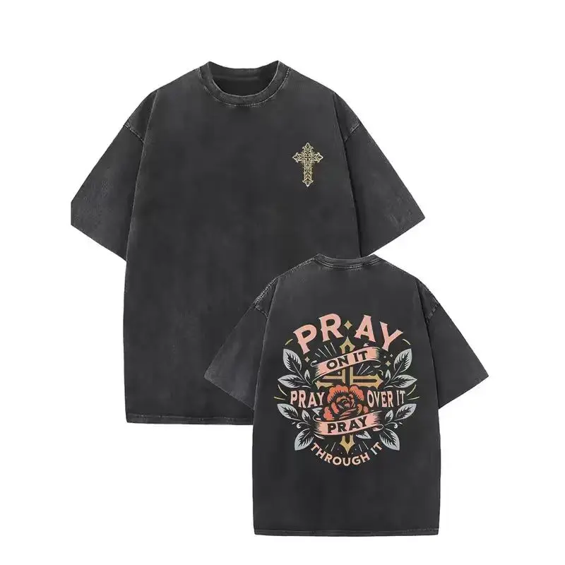 Women's Oversized Acid-Wash Cotton T-Shirt, Streetwear Style with Drop Shoulders, Short Sleeve, and Faith Graphic, Joggers, Badge