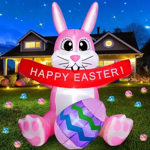 Inflatable Rabbit with Easter Egg, 1 Count Cute Rabbit Holding Happy Easter Flag, Inflatable Decoration for Indoor Holiday Parties, Outdoor Garden Lawn