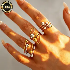Women's Minimalist Stainless Steel Geometric Bead Open Ring - Adjustable, Tarnish-Resistant, Durable, Metal Coating, Perfect for Stacking & Casual Wear