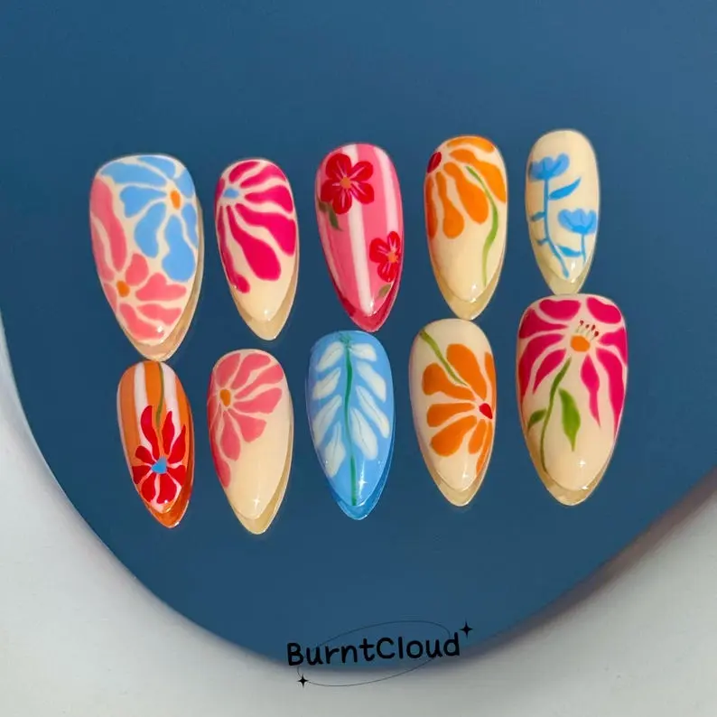 358 "Flower Collection" Press on Nails: Summer, Spring, Vibrant, Freestyle, Colorful Boom, Custom Hand-painted