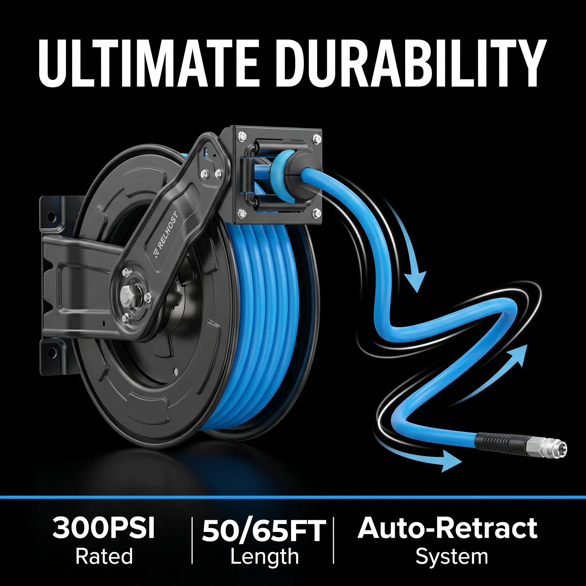 Premium Steel Retractable Air Hose Reel With Dual Arm, 50ft 3/8'' Hybrid Hose 300 PSI Auto Rewindincluded， Auto Rewind Reel | Quick Air Coupler | Durable Double side Frame Kink Resistant Hose Automatic Watering System