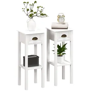 HOMCOM 2-Tier Side Table with Drawer, Narrow End Table with Bottom Shelf, for Living Room, Set of 1/2