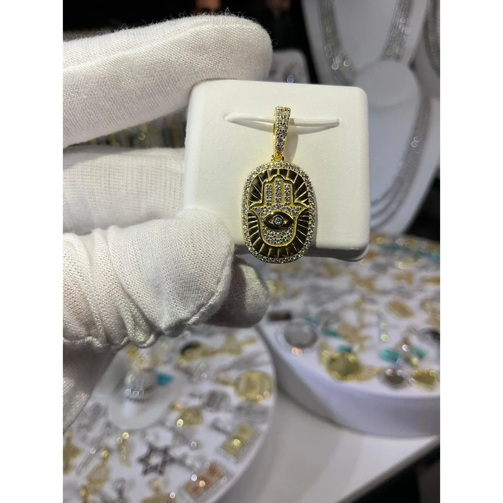 Vermeil Moissanite Hamsa Hand Medallion Pendant