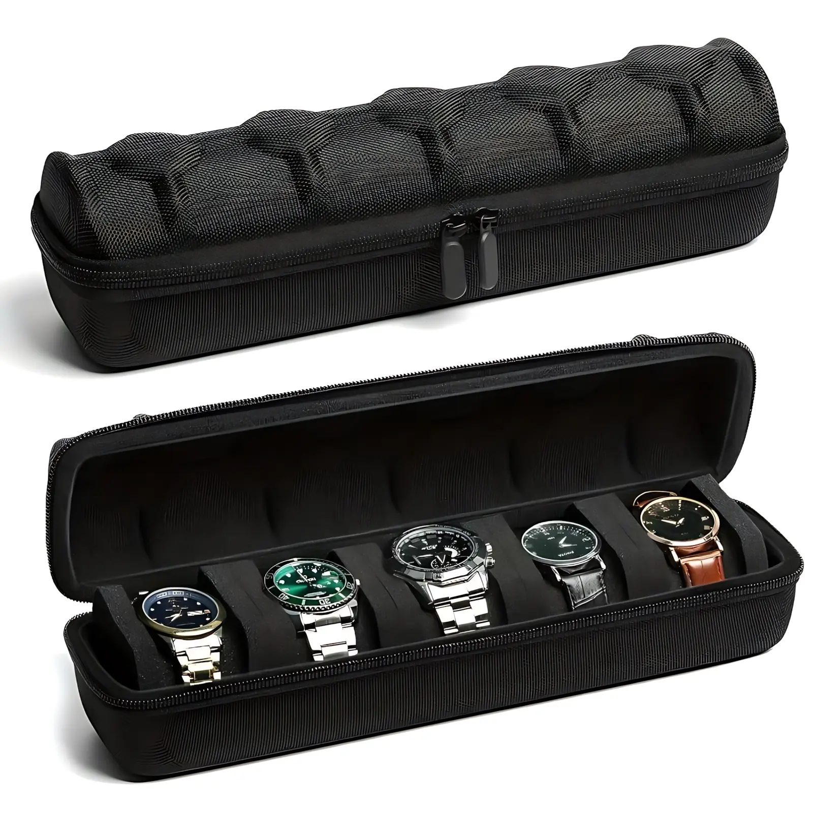 5-Slot Hard Protective Watch Box Travel Organizer for Men & Women - Portable Handle, Soft Cushions, Travel Safe, Damage Prevention, Scratch Protection, Fits 5 Watches for Secure Packing