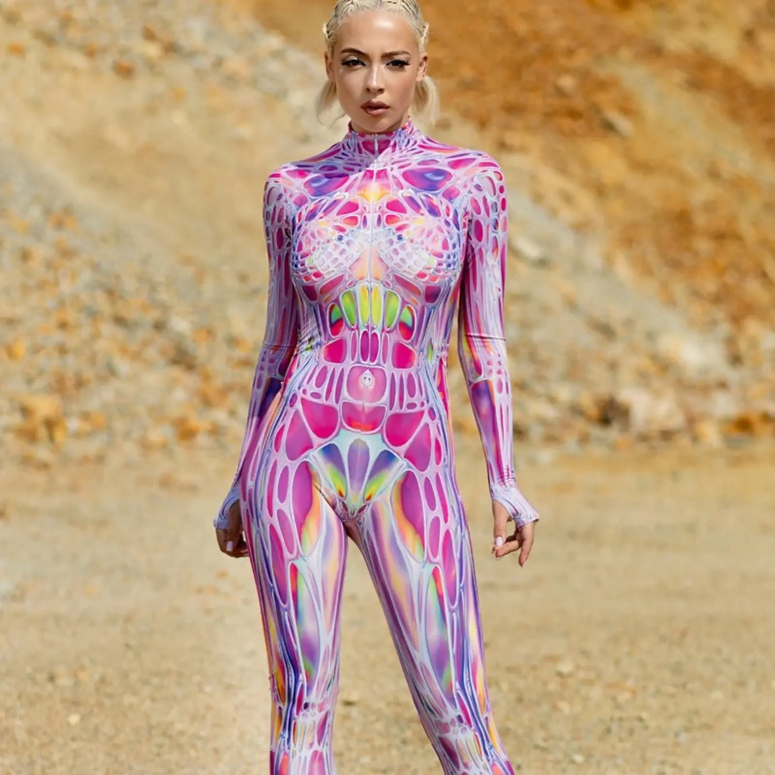 Pink Alien Costume for Women Cyber Halloween Costume Sci-fi Cosplay Adult Halloween Costume Maid Out Fit Tiktok Clothes Fabric Womenswear Polyester Sassy Print Skinny Slim Smooth Long Sleeves Snug Front Zip Close Thumb Holes Neck To Ankle