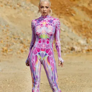 Pink Alien Costume for Women Cyber Halloween Costume Sci-fi Cosplay Adult Halloween Costume Maid Out Fit Tiktok Clothes Fabric Womenswear Polyester Sassy Print Skinny Slim Smooth Long Sleeves Snug Front Zip Close Thumb Holes Neck To Ankle