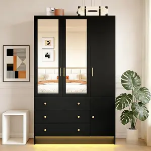 3 Doors Mirrored Wardrobe Armoire with LED Lights & Drawers, 74.8" H Freestanding Clothing Storage Cabinet with Adjustable Shelves & Hanging Rod for Bedroom