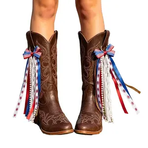 2 Independence Day boot charms, red, white, and blue bow shoe decorations, patriotic star-shaped tassel ribbon ornaments, suitable for cowboy boots Hangable Lace Faux Lightweight