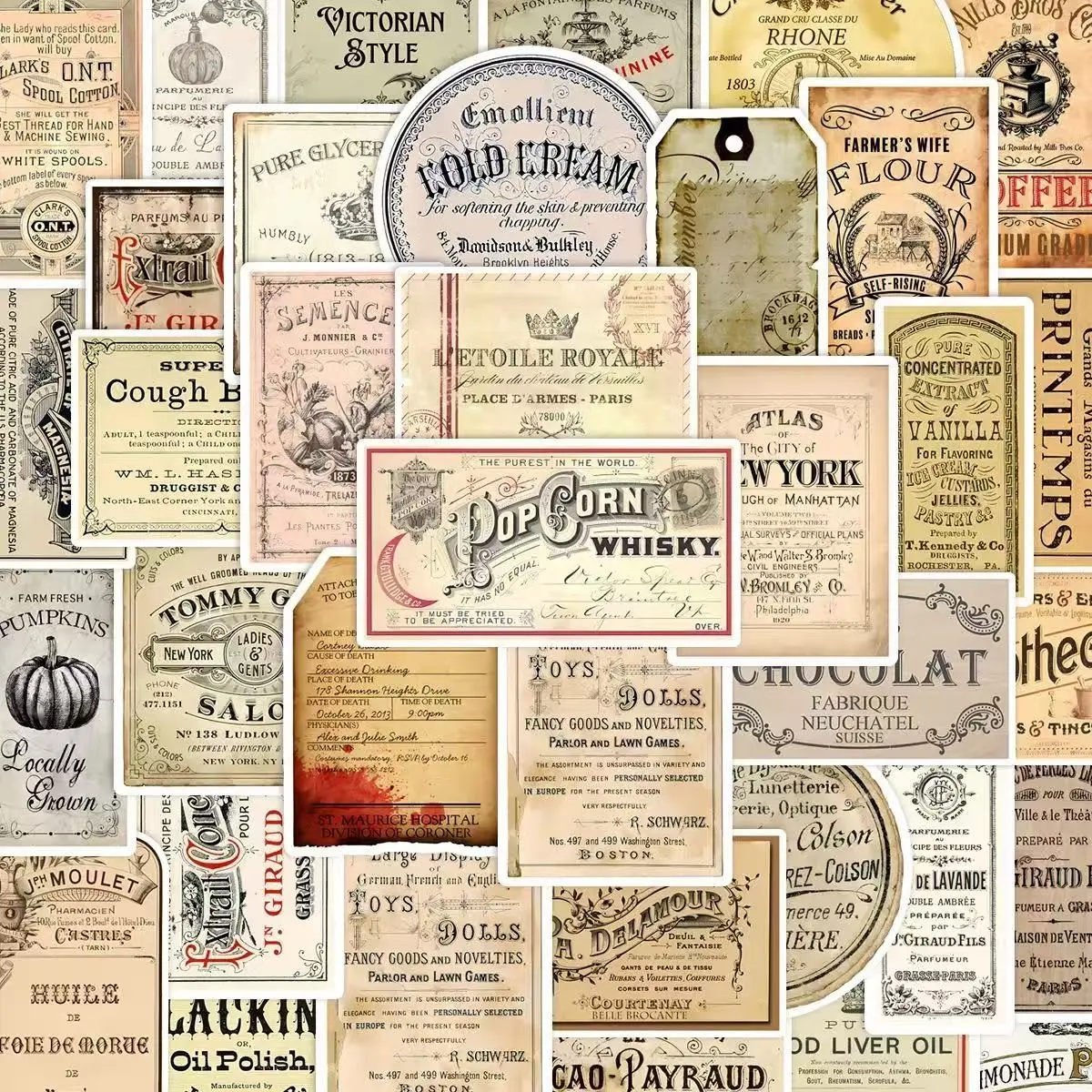 40Pcs Vintage Victorian Label Stickers Pack, Aesthetic Stickers, Waterproof Antique Ephemera & Retro Product Label Vinyl Decals for Journal, Scrapbook, Card Making & Gift Decor, Craft Lover Gift