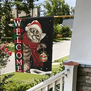 Welcome Christmas Cat With Scarf Garden Flag - Double-Sided, Waterproof Outdoor Decor For Home & Yard, 12X18In, No Pole Included