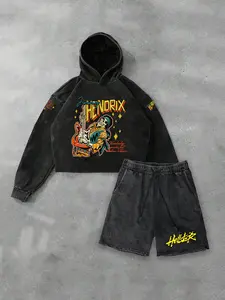 Two-Piece Set Men's Letter & Fire Print Drop Shoulder Long Sleeve Hoodie & Drawstring Waist Shorts, Fashion Casual Loose Fit Hooded Sweatshirt & Track Shorts for Daily Holiday Outdoor Wear, Men Two-piece Clothes for All Seasons