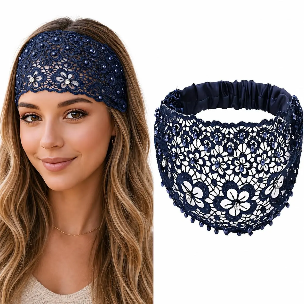 3PCS Lace Boho Headband for Women Girls Floral Beaded Lace Elastic Headband Crystal Pearl Embellished Wide Bandana Hairband Summer Comfortable Head Wrap Suitable for Daily Wear, Gym,Yoga