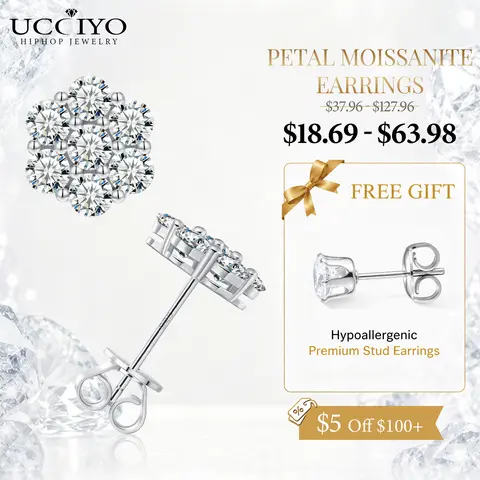 UCCIYO Petal Earrings 925 Sterling Silver Synthetic Moissanite Inlay Jewelry Earrings Unisex Fine Jewelry Hip Hop Rapper Gift  FallFreshness summerwins【#E266】