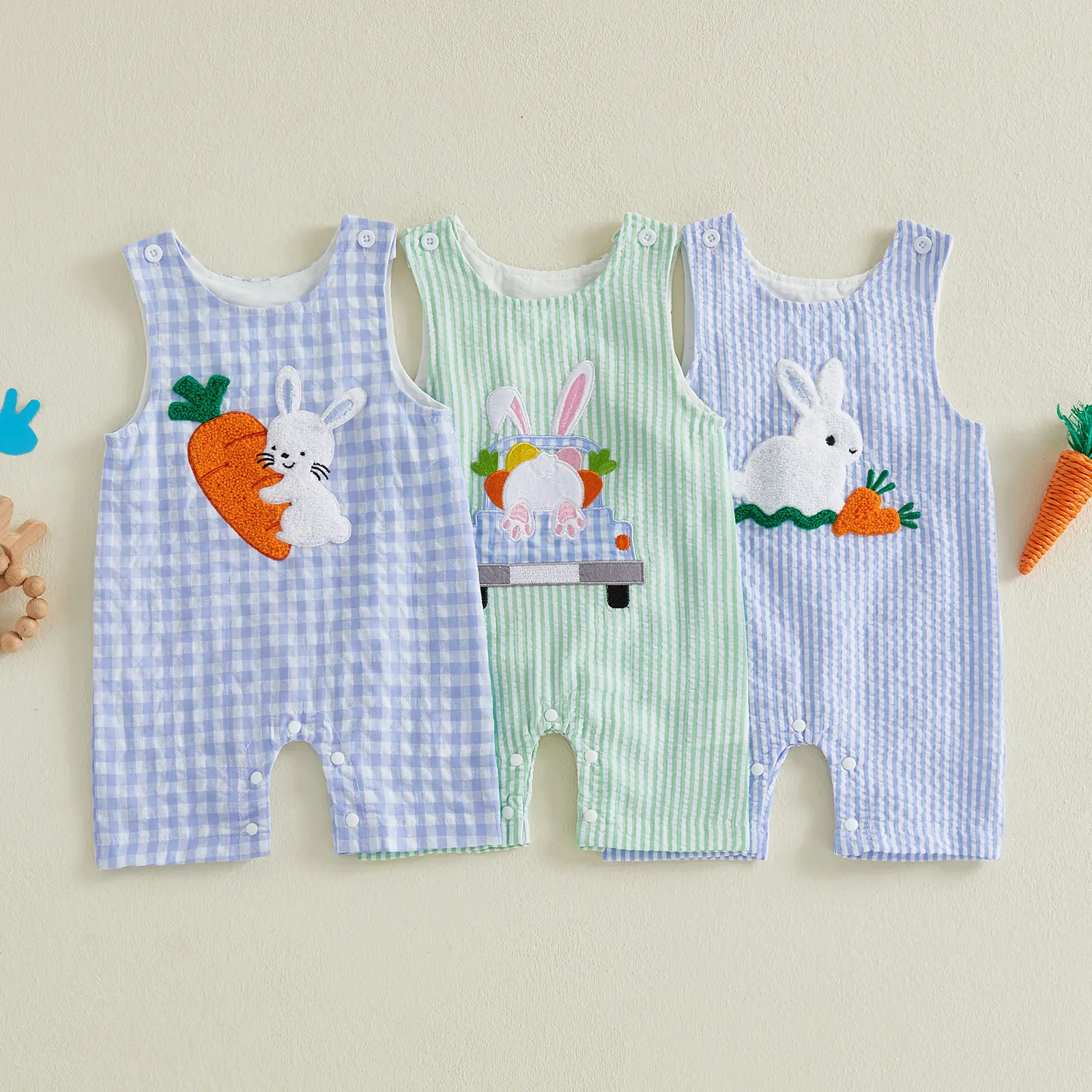 Infant Baby Boy Easter Romper Sleeveless Bunny Embroidery Jumpsuit Newborn Playsuit 0-18 Months