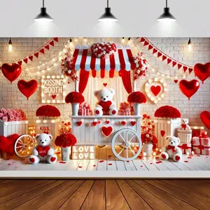 Valentine's Day Kissing Booth Banner, Teddy Bear Heart Romantic Decor, Holiday Background Photography Prop, No Power Needed
