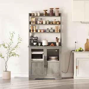 Garvee Farmhouse Bakers Rack with Glass Door, Microwave Stand with Power Outlets, Kitchen Hutch Pantry Cabinet, Kitchen Coffee Bar Cabinet for Spices, Dishes, and Pots, Gray