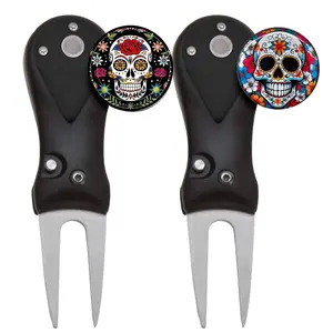 2 counts Golf Divot Repair Tool Set with 2 counts Skull Markers, Golf Green Forks, Accessories for Men Golfers Dad Boyfriend Husband Birthday Retirement Fathers Day- Unique Gift Idea