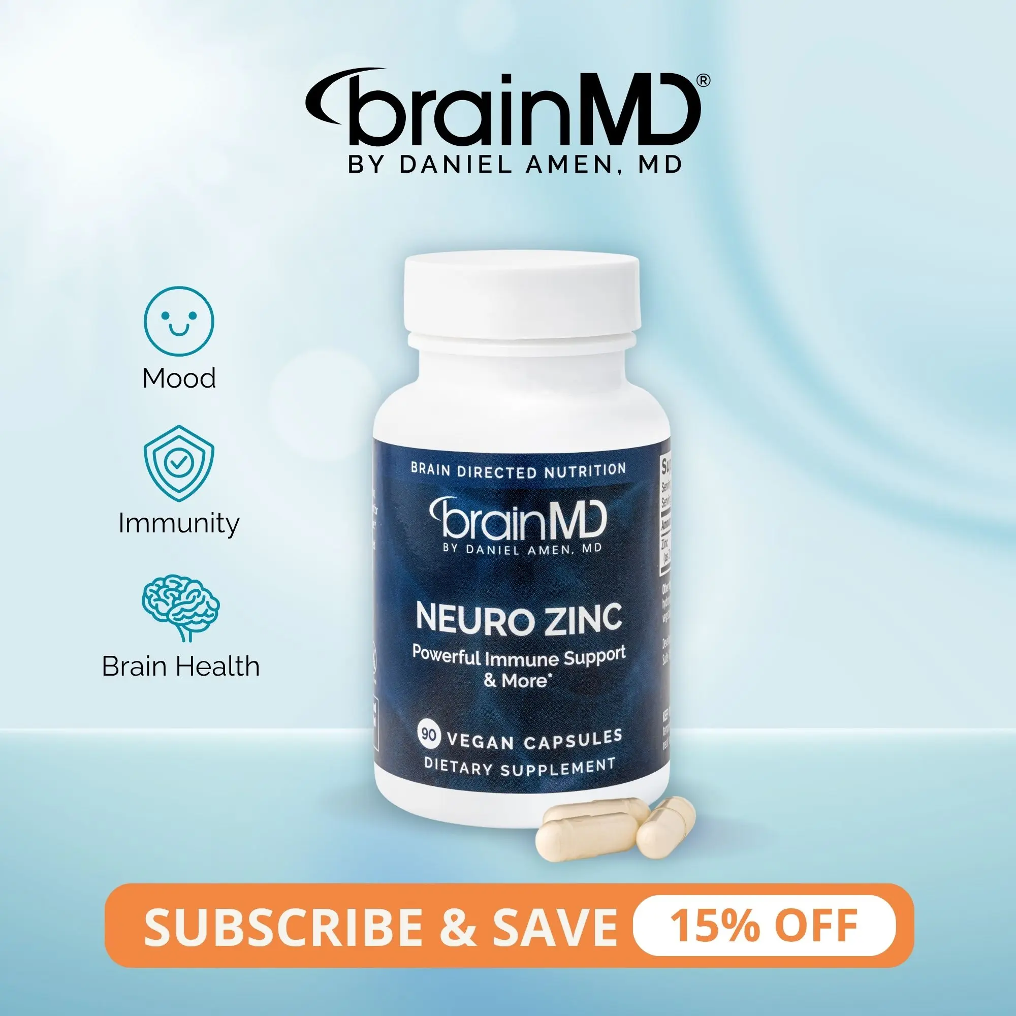 Neuro Zinc | BrainMD | 90 Capsules | Mood & Cognitive Support | Immune & Antioxidant Defense | Zinc Bisglycinate Chelate 25mg