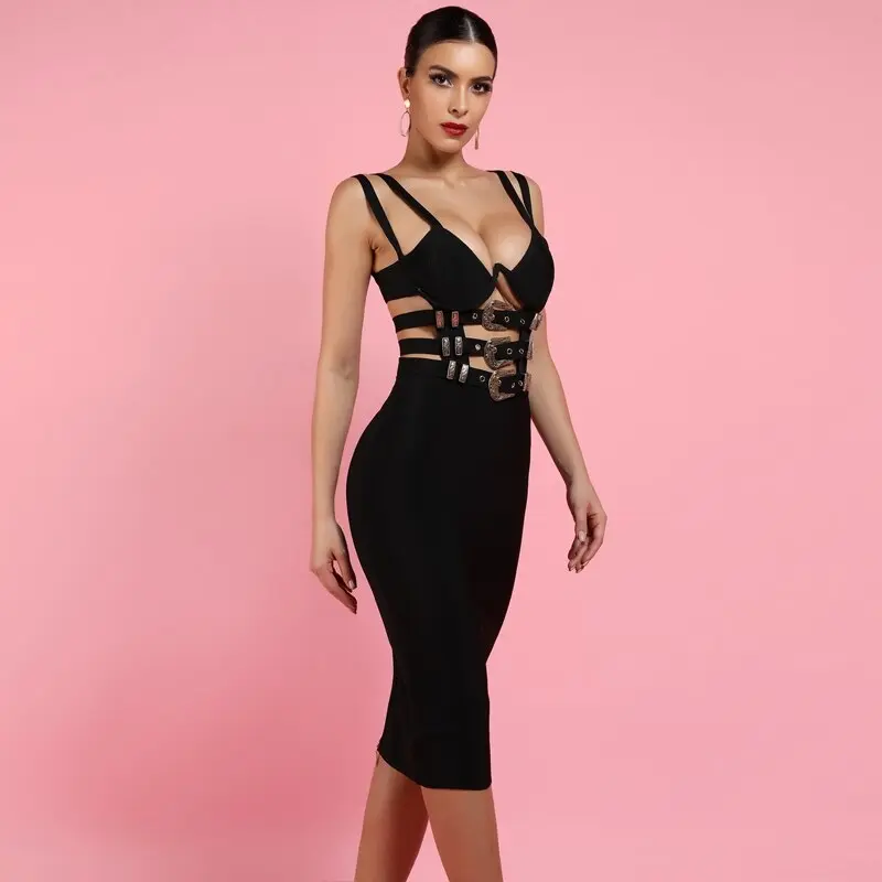 DMS Aura Buckled Elegance Midi Dress – Black