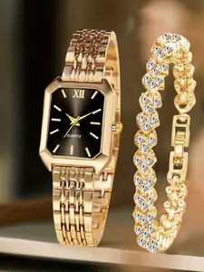 2-piece ladies' vintage watch set, Fashion Watches - chain Quartz Wristwatch with rectangular dial and stainless steel material, court style pointer watch, suitable for Easter, weddings or daily wear - classic timepiece gift