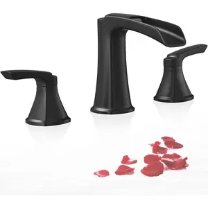 Roman Waterfall Bathtub Faucets, Brass High Flow Bathtub Faucet 3 Hole 6-16 Inch Widespread Black Tub Faucet Set 2 Handle, Deck Mount Filler Bath Faucet for Tub with  Water Hose for Modern