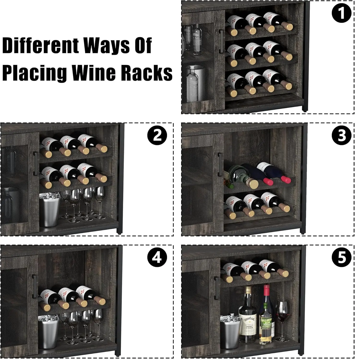Off-White Farmhouse Wine Bar Cabinet with Detachable Wine Rack, Detachable General Rack, Glass Holder, Mesh Door, Adjustable ft, Flame Accent, Commercial & Office Furniture, Detachable Rack