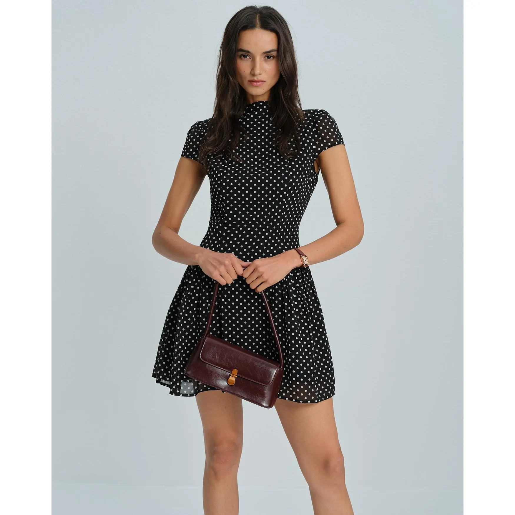 Rihoas Women's Elegant Short-Waisted Polyester Black Polka Dot Chiffon Skater Mini Dress, Short Pleated Sleeve Casual Wear Dress, Polka Dot Dress, Short Sleeve