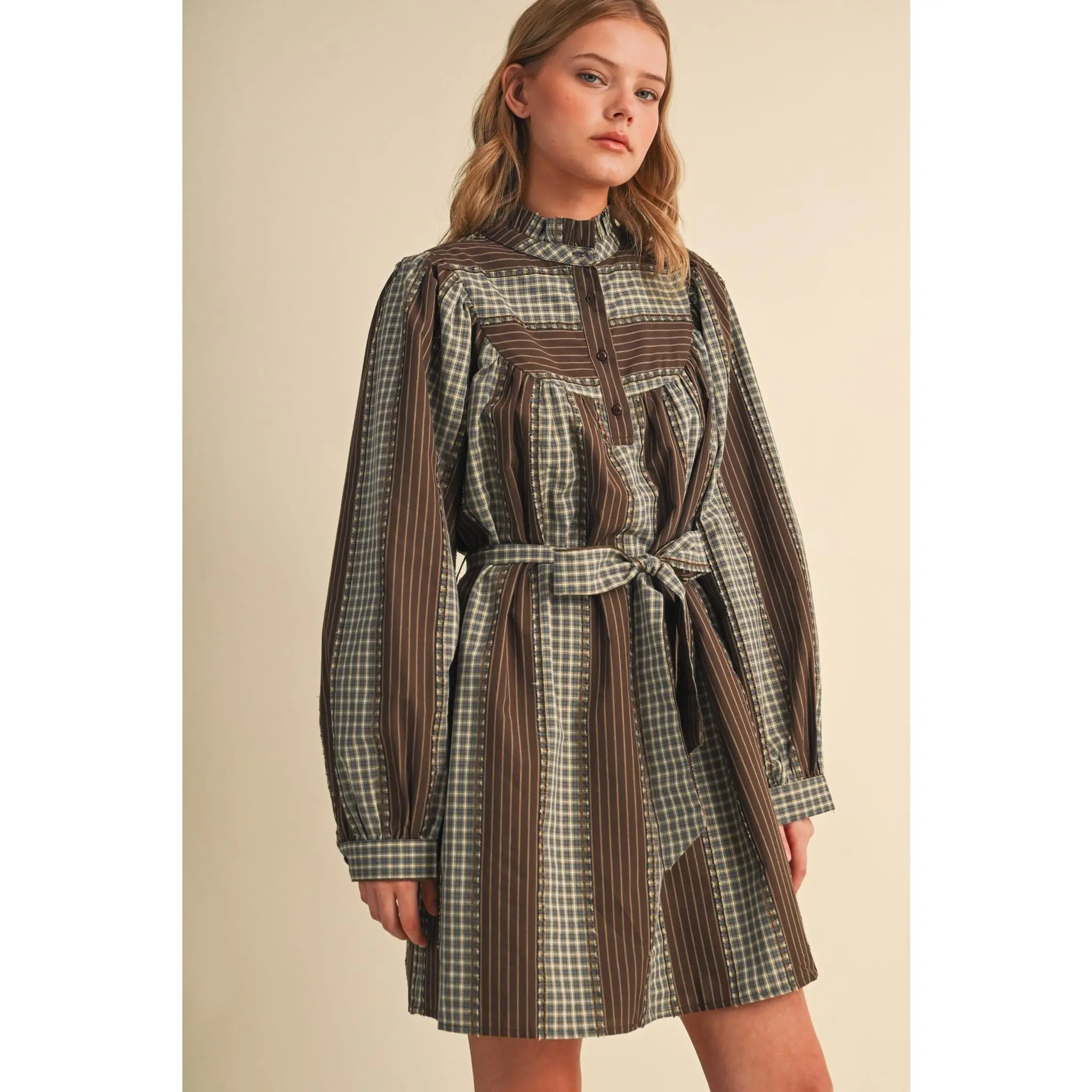 Women's Checkered & Striped Print Mini Dress, Long Sleeve, Belted, Feminine, Breathable, With Pockets, Casual, Cotton