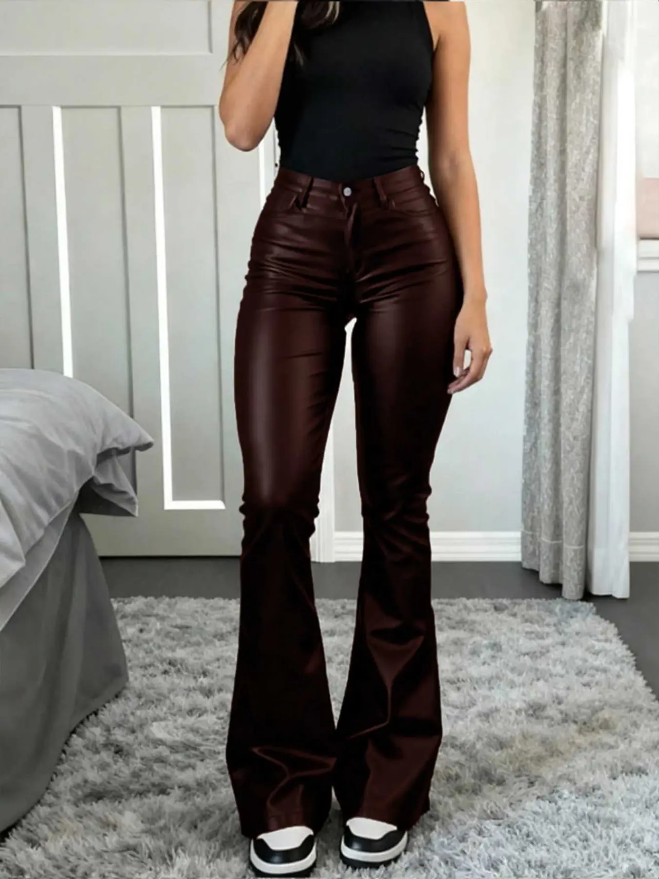 Women's Fitted Casual Chic Versatile Flare Pants, Elegant Minimalist Plain Design, All Seasons Wear, Perfect for Everyday Style, Elegance