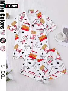 Women's Snack Chicken Bow Print Pajama Set, Short Sleeve Button-Up Soft Top & Loose Elastic Shorts, Casual Home Wear Loungewear for Daily Use Pyjamas Pjs
