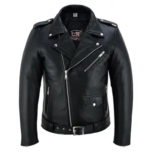 Brando Legacy – Men’s Leather Motorcycle Jacket | Classic Brando Biker Jacket with Asymmetrical Zipper, Cowhide, CE Armor Pockets, Belted Waist Black