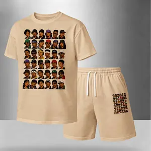 Men’s Summer 2 Piece Set, Hip-Hop Face Retro Letter Print Short Sleeve T Shirt and Drawstring Shorts Matching Outfit, Lightweight Breathable Casual Set for Travel, Streetwear, Beach, Vacation, and Daily Wear