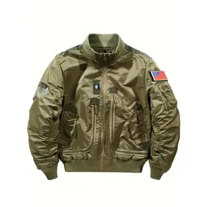 UOSO Men's Tactical Pilot Bomber Jacket - Spring/Fall Aviation-Themed H-Fit Coat with Stand Collar, Machine-Washable Casual Pilot Jacket for Airshow, Flight Training & Outdoor (Solid Color, Pockets) - No Belt Required