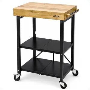 Origami Foldable Wheeled Portable Solid Wood Top Kitchen Island Bar Cart, Black