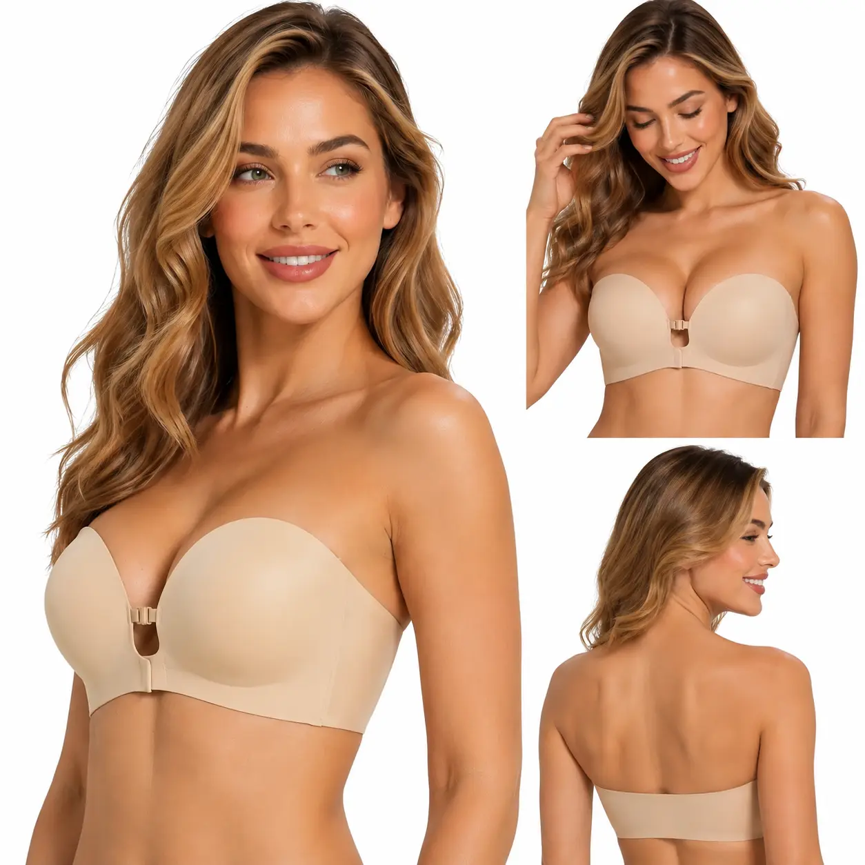 Women's Strapless Push Up Lift Wire-Free Spandex Bra - Front Closure, Padded Add-Cup, Anti-Slip Grip, Removable Straps, Seamless, Breathable, Adjustable Halter, Comfortable Support, Machine Wash for Outfits