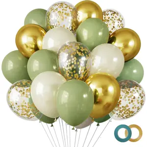 65 Pcs 12 Inches Sage Green Gold Confetti Balloons Kit, Green Gold Sand White Party Balloons with Ribbons for Tiana Birthday, Wedding, Shower, Graduation, Eucalyptus Party Decorations