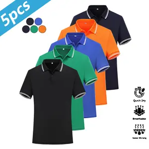 5-piece set, casual men's short-sleeve polo shirts with striped color-block sleeves and collars, quick-dry golf and tennis shirts, comfortable equestrian wear, stylish men's activewear, suitable for casual parties, vacations, and travel  bundle