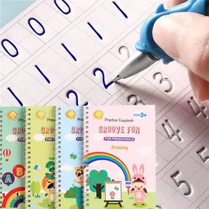Reusable Grooved Handwriting Books for kids, Magic Writing Practice Copybook,4 Books-Early Elementary, Covers Math, Words, Drawing Gift for Children