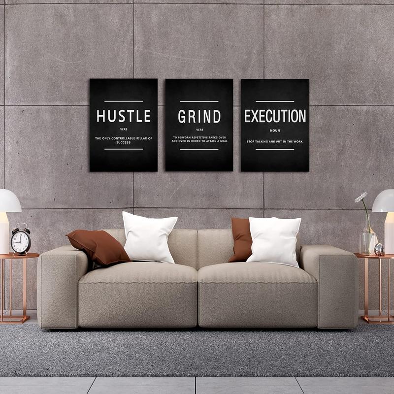KAWAHONE Canvas Painting Wall Art, Grind Hustle Execution Motivational Wall Art Decoration Posters Prints for Living Room Bedroom, Office Decor, Gallery-Wrapped Canvas Art Set Framed Ready to Hang