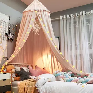 Bed for Girls, Dreamy Frills Ceiling Bedroom Decoration Soft Net Reading Nook, Large Full Queen Size Bed Canopies - Light Pink