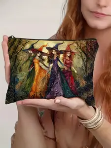 Retro Witch Pattern Makeup Bag Lightweight Foldable Travel Storage Double-Sided Print with Vibrant Witch Design,for Halloween