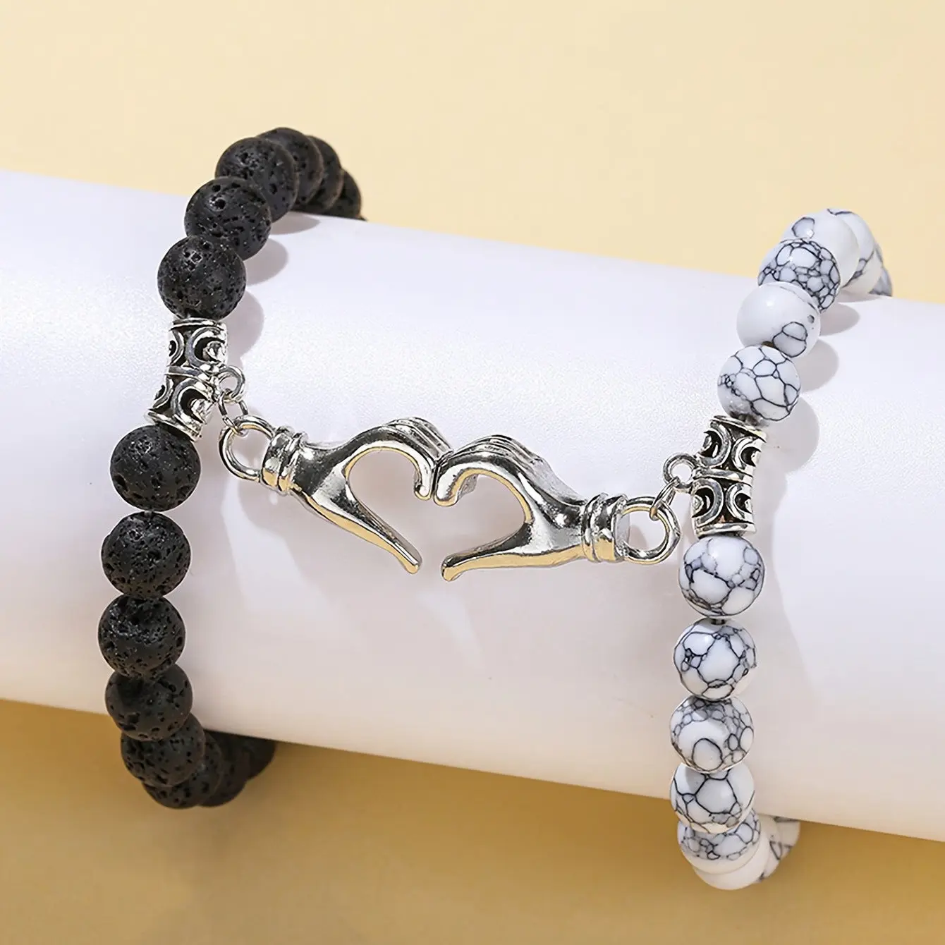 2pc Magnetic Couples Bracelet Set, Beaded Shamballa Cuffs in Midnight Black Lava Stone & White Howlite with Adjustable Heart Clasp for Daily Wear, 6.69 Inches To 10.23 Inches, All Seasons, Dyed White Howlite Turquoise, Hand-Woven, Matching Sets, Heart Cha