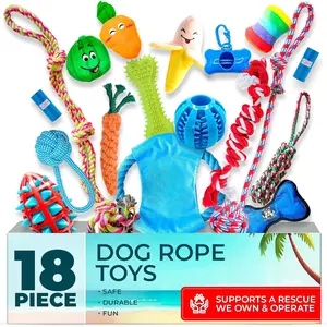 18 Piece Variety Pack Dog Toys - Chew, Plush, and Rope Toys for Play and Teething - Interactive Puppy Toys with Squeakers, Treat Dispenser, and Tug Ropes - Durable Rubber Chew Toys for Active Dogs - Helps Reduce Anxiety and Boredom creative dog bark  box